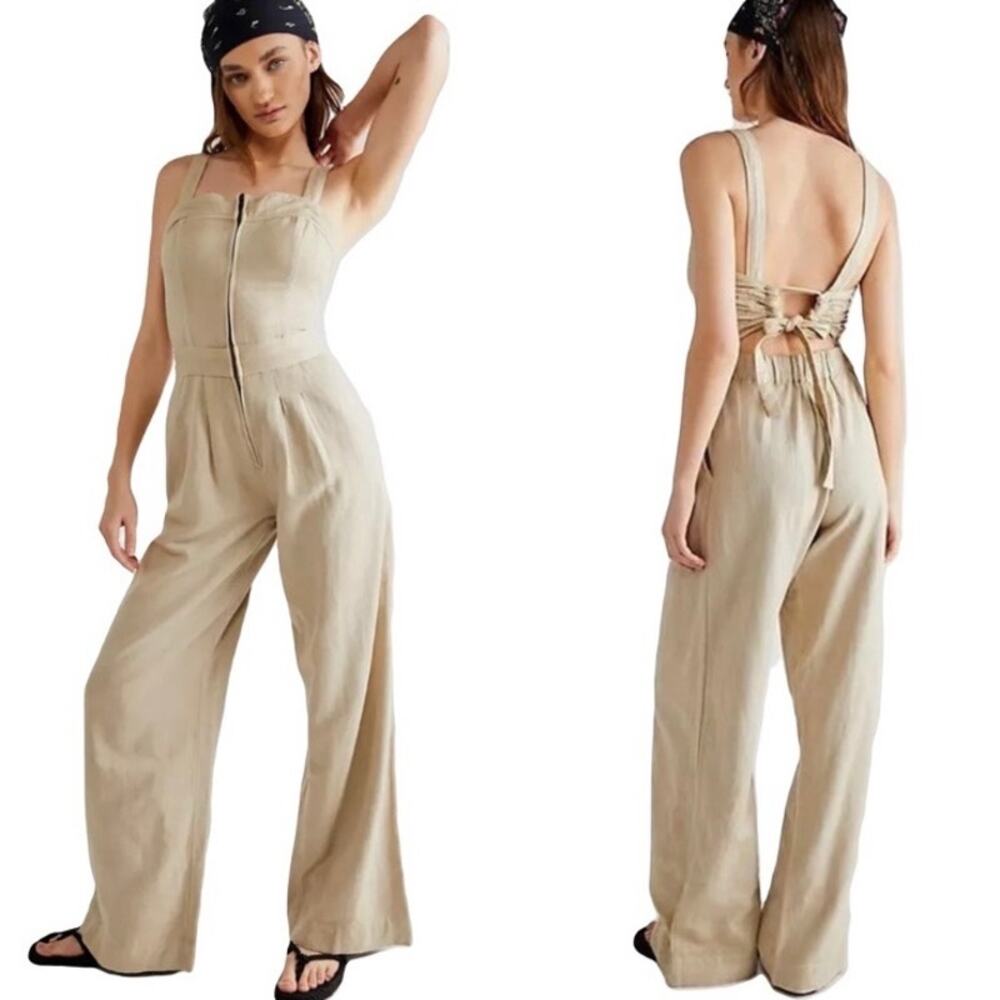 NWOT FREE PEOPLE Jumpsuit Medium Beige Cut-Out Stretchy Straight Leg Sleeveless